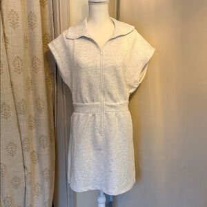 Casual Zip-Front Short Sleeve Sweatshirt Dress - Oatmeal